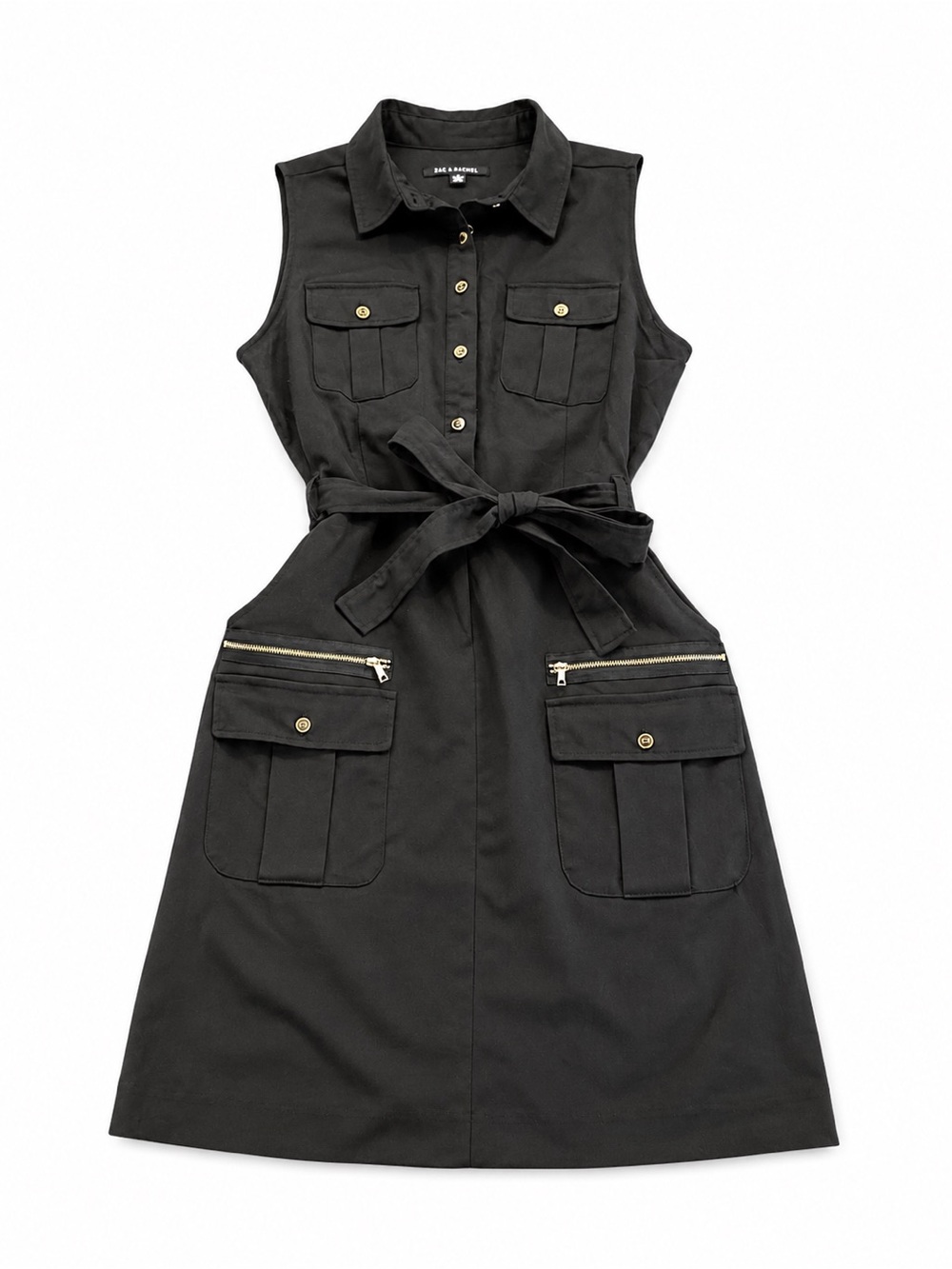 Zac & Rachel Black Utility Shirt Dress Size 12 Belted Gold Hardware
